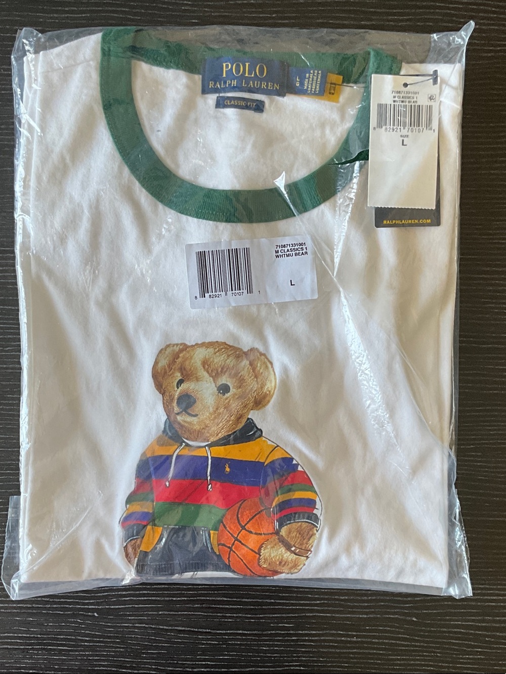 NWT Men’s Polo Ralph Lauren Bear Graphic Ringer Tee — White with Green Trim